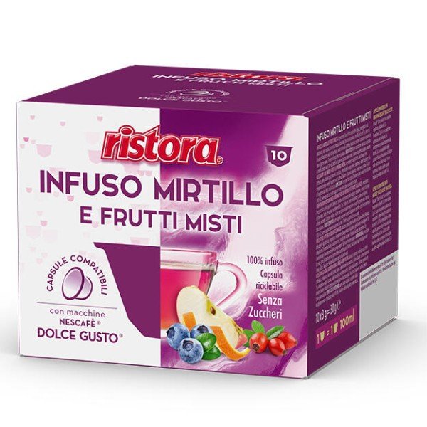Ristora Mirtillo e Frutti Misti Dolce Gusto system 10 pcs. Tea capsules - Ristora Mirtillo e Frutti Misti brings the classic feeling and aroma of a tea explosion of fruit for every taste! Blueberry and berry flavor. A drink composed of an infusion of flow Ristora Mirtillo e Frutti Misti Dolce Gusto system 10 pcs. Tea capsules - Capsules Dolce Gusto system