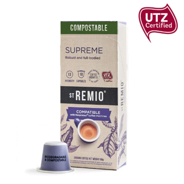 St Remio Supreme Nespresso система 10 Алуминиеви Кафе капсули - Открийте Вълшебството на St Remio Supreme Капсули за Nespresso За ентусиасти на кафето, които ценят изискания вкус и високото качество, кафе капсулите St Remio Supreme представляват апогея на St Remio Supreme Nespresso система 10 Алуминиеви Кафе капсули - Капсули за Nespresso система