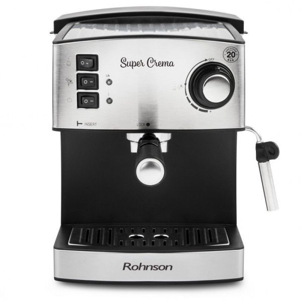 Kафемашина за еспресо Rohnson (R-980) - Мощност 850W 20 бара помпа Голям подвижен резервоар за вода с вместимост 1.6 л. Единичен и двоен филтри от неръждаема стомана за перфектен каймак Дюза за капучино Система за защита от прегряване и свръхналяган Kафемашина за еспресо Rohnson (R-980) -