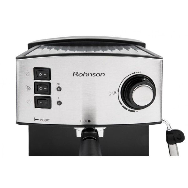 Kафемашина за еспресо Rohnson (R-980) - Мощност 850W 20 бара помпа Голям подвижен резервоар за вода с вместимост 1.6 л. Единичен и двоен филтри от неръждаема стомана за перфектен каймак Дюза за капучино Система за защита от прегряване и свръхналяган Kафемашина за еспресо Rohnson (R-980) -