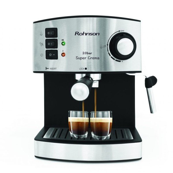 Kафемашина за еспресо Rohnson (R-980) - Мощност 850W 20 бара помпа Голям подвижен резервоар за вода с вместимост 1.6 л. Единичен и двоен филтри от неръждаема стомана за перфектен каймак Дюза за капучино Система за защита от прегряване и свръхналяган Kафемашина за еспресо Rohnson (R-980) -