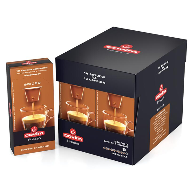 Covim Presso Orocrema Nespresso System 10 pcs. Coffee capsules - Covim Presso Orocrema Nespresso System The Presso Orocrema capsules are Covim's most popular coffee. It is a combination of premium beans from the best coffee growing regions: 25% Arabic Covim Presso Orocrema Nespresso System 10 pcs. Coffee capsules - Capsules for the Nespresso system