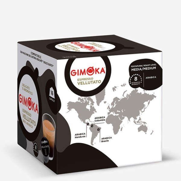 GIMOKA Vellutato – Dolce Gusto capsules 16 pcs. - Discover the Exquisite Italian Taste of GIMOKA Vellutato Behind each GIMOKA Vellutato capsule lies the skill of traditional Italian masters-prehistorics. They select the best qualities of Arabica, for GIMOKA Vellutato - Dolce Gusto capsules 16 pcs. - Capsules Dolce Gusto system