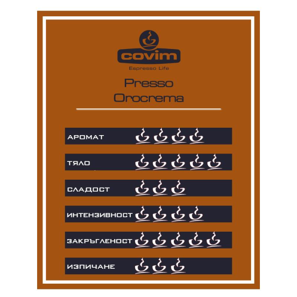 Covim Presso Orocrema Nespresso System 10 pcs. Coffee capsules - Covim Presso Orocrema Nespresso System The Presso Orocrema capsules are Covim's most popular coffee. It is a combination of premium beans from the best coffee growing regions: 25% Arabic Covim Presso Orocrema Nespresso System 10 pcs. Coffee capsules - Capsules for the Nespresso system